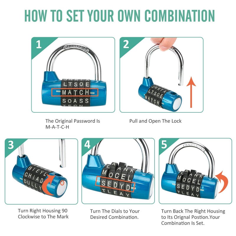 Cluckyu Gym Locker Lock,5 Letter Heavy Duty Alloy Padlock Password Sturdy Security Padlock-Easy to Set Your Own Keyless Resettable Combo-Blue - Image 3